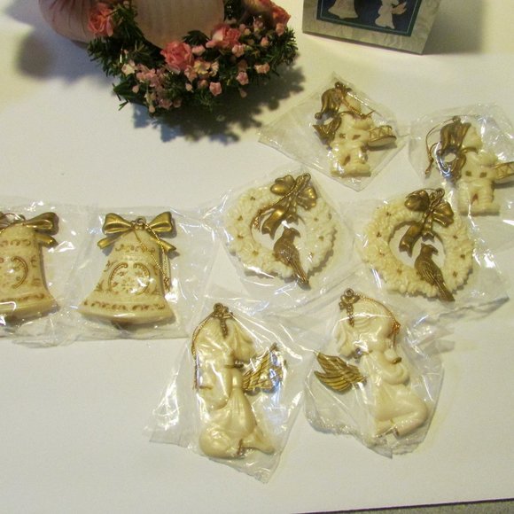 vtg Victorian Christmas ornaments with pink rose Xmas tree with 2 candle holder - Picture 2 of 9